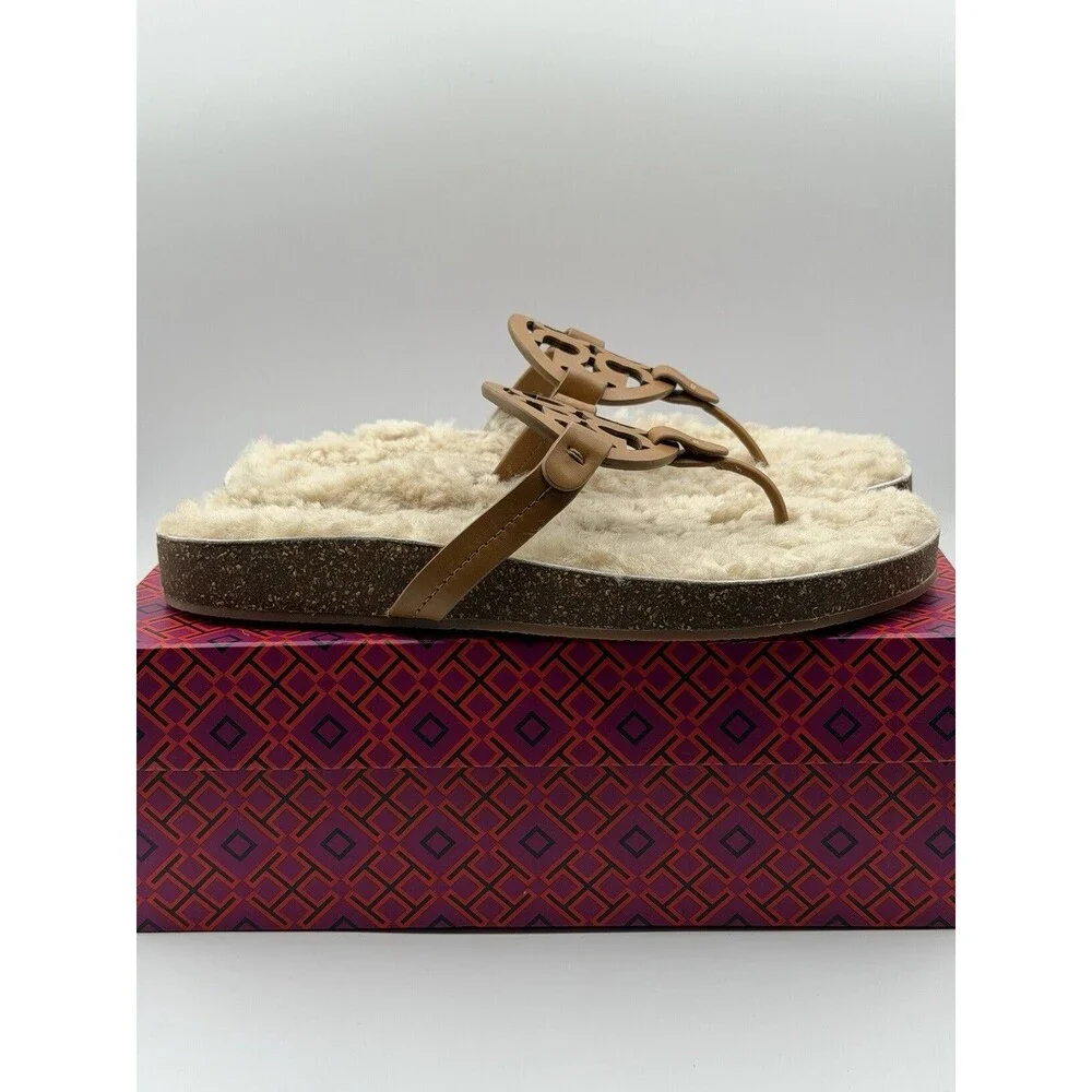 Tory Burch  Sandals Miller Cloud Shearling Nappa Leather Carmel Cozy Size 10 NWT